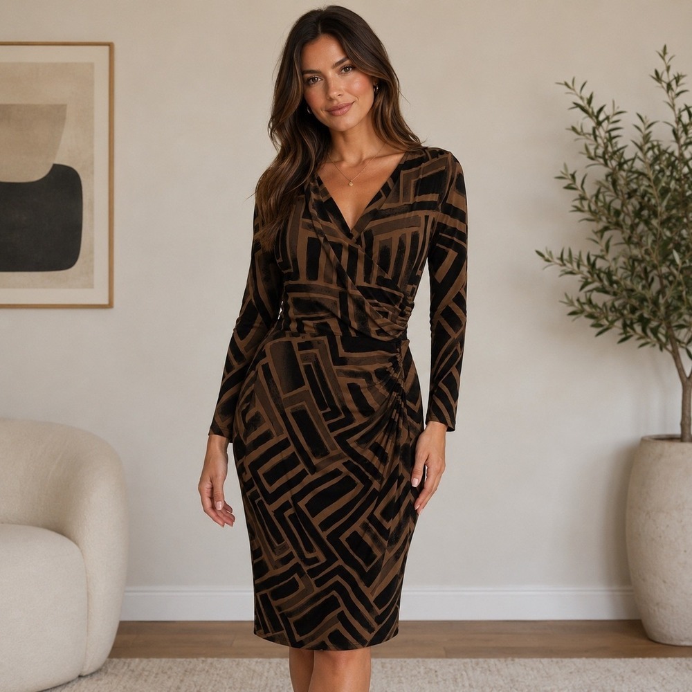 Lauren Ralph Lauren Faux Wrap Dress Womens 4 Brown Geometric Abstract EUC